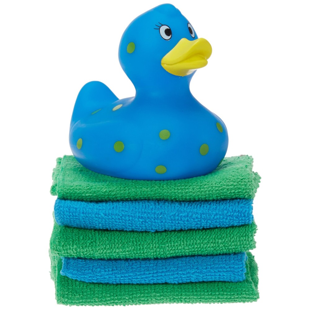 Cribmates Rubber Duck with Washcloths, Blue/Yellow Dots