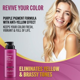 Jenoris Silver Purple Shampoo For Blonde, Silver, Gray & Lightened Hair - Neutralizes Yellow & Brassy Tones - Enriched with Natural Oils, Paraben & SLS Free, Salon Professional, 16.9 Fl Oz