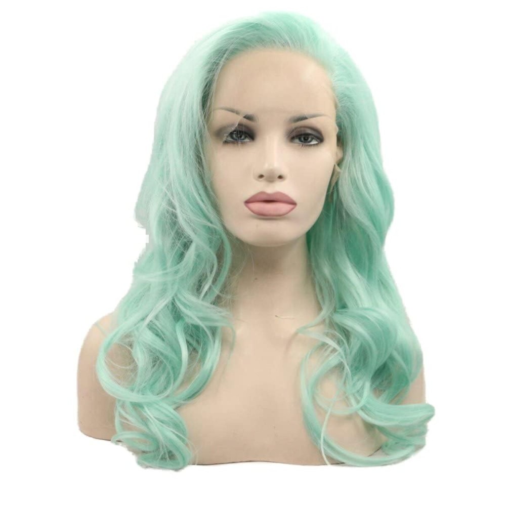 Xiweiya Mint Green Lace Wig Heat Resistant Fiber Hair Mermaid Green Blue Color Mixed Synthetic 13*3 Lace Front Wig for Women Hair Replacement Wig Half Hand Tied 24 Wig
