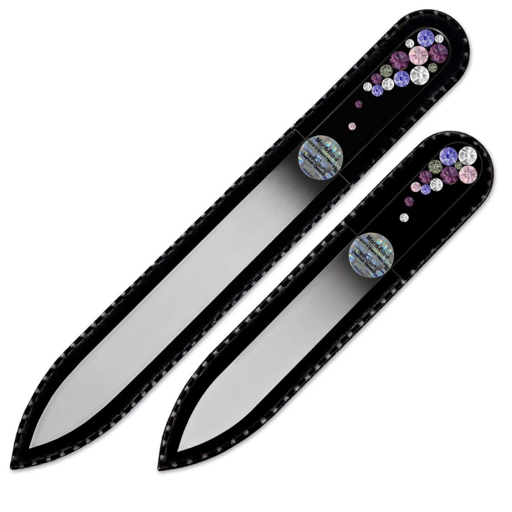 Mont Bleu Premium Set of 2 Crystal Nail Files Hand Decorated with Crystals - in Black Velvet Sleeve - Genuine Czech Tempered Glass - Best Glass Nail Files Kit for Natural Nails Mont Bleu Premium Set of 2 Crystal Nail Files Hand Decorated with Crystals - in Black Velvet Sleeve - Genuine Czech Tempered Glass - Best Glass Nail Files Kit for Natural Nails