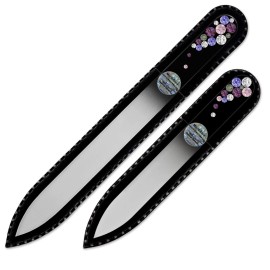 Mont Bleu Premium Set of 2 Crystal Nail Files Hand Decorated with Crystals - in Black Velvet Sleeve - Genuine Czech Tempered Glass - Best Glass Nail Files Kit for Natural Nails