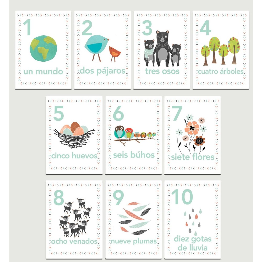 Our Earth Counting Wall Cards in Spanish, Number Flash Cards, Set of Ten 5x7 Wall Art Prints, Nursery Wall Art Decor, Kid\'s Art Decor, Gender Neutral Nursery, Nature Themed, Woodland Nursery, Playroom