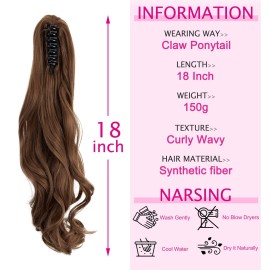FUT Womens Claw Ponytail Clip in Hair Extensions 18 Long Curly Hairpiece Light Brown Wavy