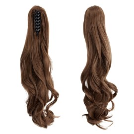 FUT Womens Claw Ponytail Clip in Hair Extensions 18 Long Curly Hairpiece Light Brown Wavy