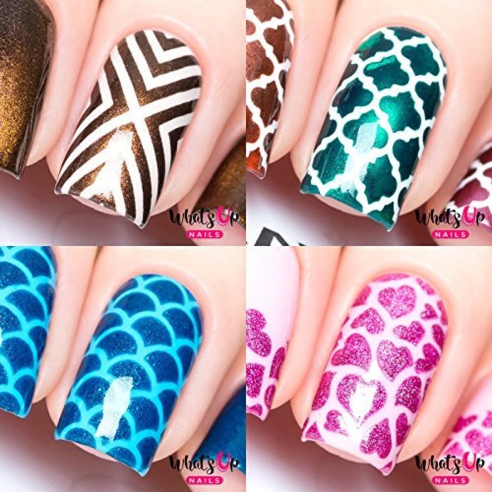 Whats Up Nails - Nail Vinyl Stencils Variety Pack 4pcs (X-pattern, Moroccan, Scales, Hearts) for Nail Art Design