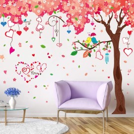 Giant Huge Pink Cherry Tree Wall Decals Cute Cartoon Removable Large Tree Lovely Heart Shape Wall Sticker Peel Stick for Kids Girls Bedroom Livingroom TV Background