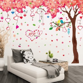 Giant Huge Pink Cherry Tree Wall Decals Cute Cartoon Removable Large Tree Lovely Heart Shape Wall Sticker Peel Stick for Kids Girls Bedroom Livingroom TV Background