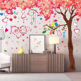 Giant Huge Pink Cherry Tree Wall Decals Cute Cartoon Removable Large Tree Lovely Heart Shape Wall Sticker Peel Stick for Kids Girls Bedroom Livingroom TV Background