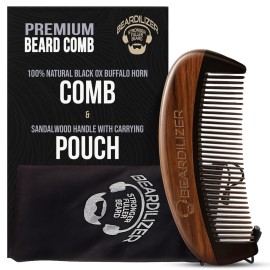 Beardilizer Premium Beard Comb for Men - 100% Natural Black Ox Buffalo Horn & Sandalwood Handle with Carrying Pouch, Professional Anti-Static Fine and Coarse Teeth