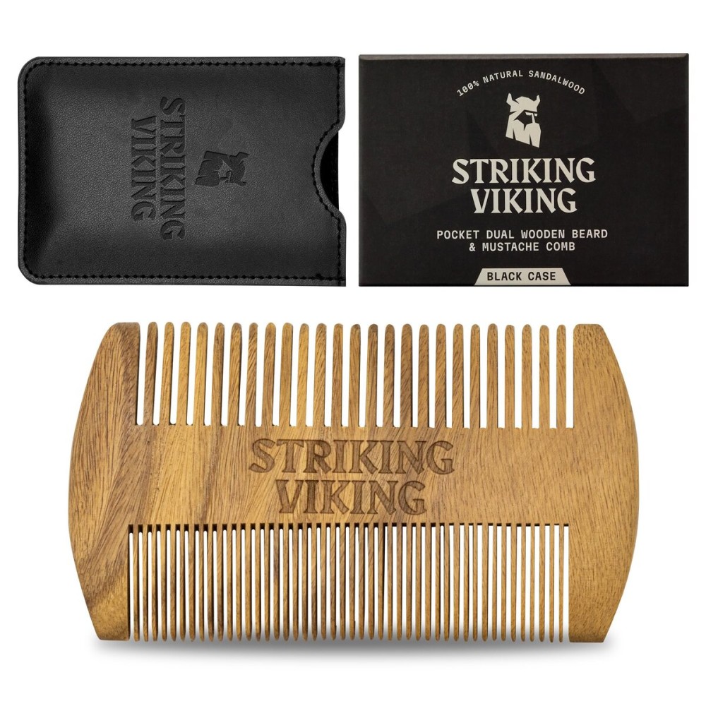 Striking Viking Sandalwood Beard and Mustache Comb Set - Pocket-Sized Wooden Comb with Fine and Coarse Teeth, Case Included - Perfect for Balms and Oils