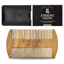 Striking Viking Sandalwood Beard and Mustache Comb Set - Pocket-Sized Wooden Comb with Fine and Coarse Teeth, Case Included - Perfect for Balms and Oils