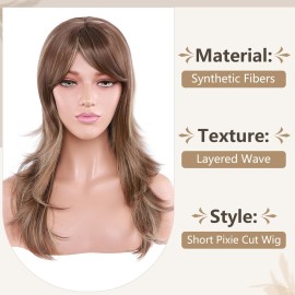 S-noilite Long Layer Straight Wigs with Bangs Women Natural Ombre Heat Resistant Synthetic Hair Full Head Wig Cosplay Party Costume 15inch Light Brown Blonde Mix