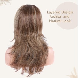 S-noilite Long Layer Straight Wigs with Bangs Women Natural Ombre Heat Resistant Synthetic Hair Full Head Wig Cosplay Party Costume 15inch Light Brown Blonde Mix