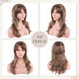 S-noilite Long Layer Straight Wigs with Bangs Women Natural Ombre Heat Resistant Synthetic Hair Full Head Wig Cosplay Party Costume 15inch Light Brown Blonde Mix