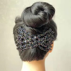 Lovef Flower Multifunction Easy Magic Hair Comb Stretchy Beaded Hair Comb in Small Beads Hairpin Plate Hair (Black1)