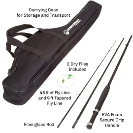 Fly Fishing Rod and Reel Combo - Including Carrying Case, Flies, and Fishing Line - Charter Series Gear and Accessories by Wakeman (Black)