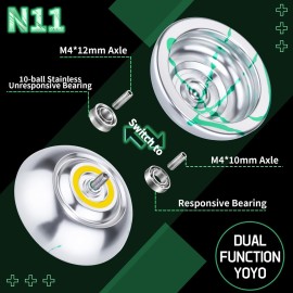 MAGICYOYO N11 Professional Unresponsive Yoyo N11 Dual Purpose Alloy Trick YoYo Ball with Bag, Glove, 12 Yoyo Strings and Responsive Bearing Kit -Silver Green