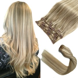 Clip in Hair Extensions, Ash Blonde Balayage Bleach Blonde Clip in Hair Extensions Real Human Hair Clip ins Extensions 20 Inch 7 Pieces 70G Double Wefted Hair Extensions Clip in Human Hair