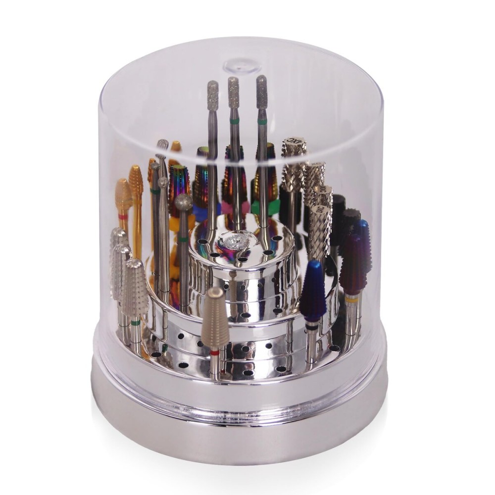 PANA Round Cake Tier Nail Drill Bit Holder Display Organizer Case - Dustproof Carbide Bit Storage Container Box For Manicure Tools Nail Salon - 48 Holes Silver (Drill Bits Not Included)