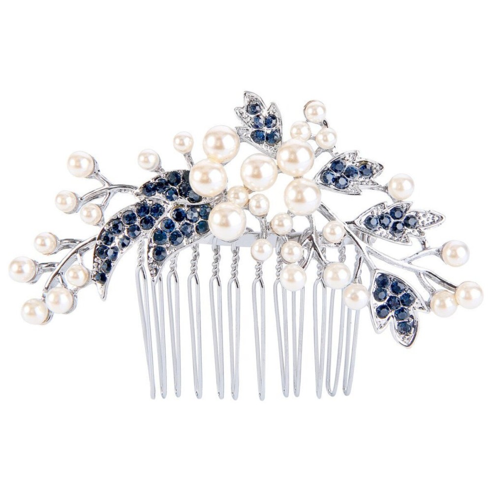 EVER FAITH Wedding Hair Accessories Austrian Crystal Simulated Pearl Floral Leaf Branch Bridal Side Comb Blue for Bride Silver-Tone EVER FAITH Wedding Hair Accessories Austrian Crystal Simulated Pearl Floral Leaf Branch Bridal Side Comb Blue for Bride Silver-Tone