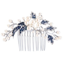 EVER FAITH Wedding Hair Accessories Austrian Crystal Simulated Pearl Floral Leaf Branch Bridal Side Comb Blue for Bride Silver-Tone