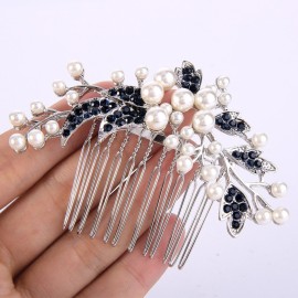 EVER FAITH Wedding Hair Accessories Austrian Crystal Simulated Pearl Floral Leaf Branch Bridal Side Comb Blue for Bride Silver-Tone EVER FAITH Wedding Hair Accessories Austrian Crystal Simulated Pearl Floral Leaf Branch Bridal Side Comb Blue for Bride Silver-Tone