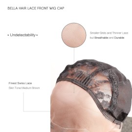 Bella Hair Breathable Lace Front Wig Cap for Making Wigs with Adjustable Straps and Combs Swiss Lace Black Medium Size