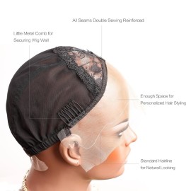 Bella Hair Breathable Lace Front Wig Cap for Making Wigs with Adjustable Straps and Combs Swiss Lace Black Medium Size