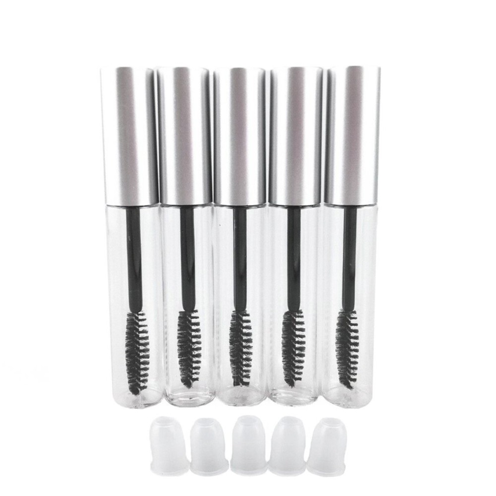 yueton 5pcs 10ml Portable Empty Eyelashes Mascara Vials Bottle Tube Container with Brush for Travel and Home (Silver Cap)