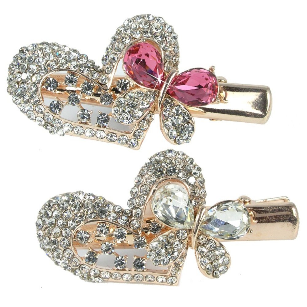 Hair Clips Exquisite Jeweled Heart & Butterfly - Pink & Clear Rhinestone Crystals Gold Metal Clasp - Set of 2 - Elegant Hair Accessories for Special Occasions - 2 W X 1 H