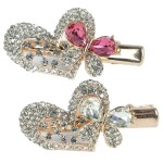 Hair Clips Exquisite Jeweled Heart & Butterfly - Pink & Clear Rhinestone Crystals Gold Metal Clasp - Set of 2 - Elegant Hair Accessories for Special Occasions - 2 W X 1 H