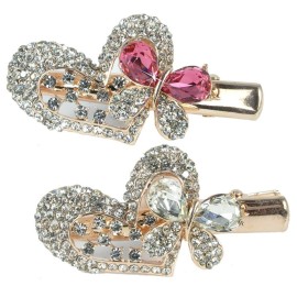 Hair Clips Exquisite Jeweled Heart & Butterfly - Pink & Clear Rhinestone Crystals Gold Metal Clasp - Set of 2 - Elegant Hair Accessories for Special Occasions - 2 W X 1 H