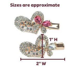 Hair Clips Exquisite Jeweled Heart & Butterfly - Pink & Clear Rhinestone Crystals Gold Metal Clasp - Set of 2 - Elegant Hair Accessories for Special Occasions - 2 W X 1 H