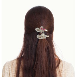 Hair Clips Exquisite Jeweled Heart & Butterfly - Pink & Clear Rhinestone Crystals Gold Metal Clasp - Set of 2 - Elegant Hair Accessories for Special Occasions - 2 W X 1 H