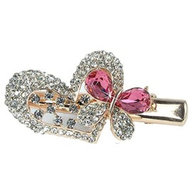 Hair Clips Exquisite Jeweled Heart & Butterfly - Pink & Clear Rhinestone Crystals Gold Metal Clasp - Set of 2 - Elegant Hair Accessories for Special Occasions - 2 W X 1 H