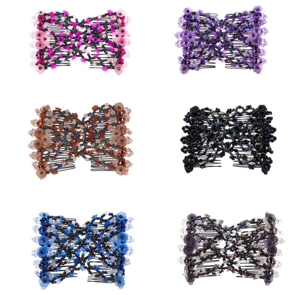 LOVEF 6 Pcs Effortless Beauty Stretchable Double Combs Upzing Medium Magic Beaded Double Hair Clips Hair Jewelry Assorted Color and Design