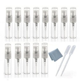 Elfenstal- 10pcs Mini Clear 3ml 1/6OZ Atomizer Fine Mist Empty Glass Bottle Spray Refillable Fragrance Perfume Scent Sample Bottle 1pc Clean Cloth for Travel Party Makeup Tool 2pcs Free 3ml Pipette