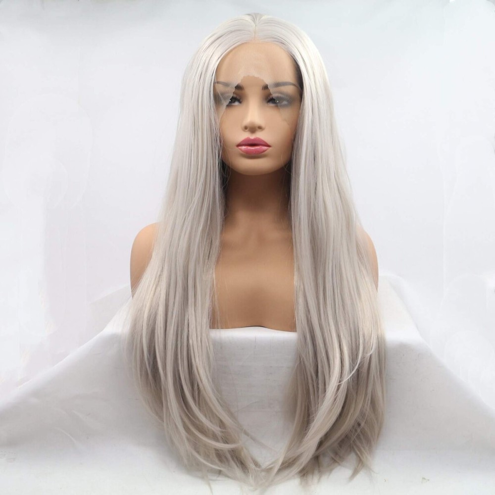 Xiweiya Wigs Long Silky Straight Wig Light Silver Gray Synthetic Lace Front Wig with Heat Resistant Fiber Middle Part for Women, Halloween Drag Queen Family Makeup Party Cosplay 24 Inch