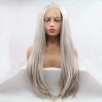 Xiweiya Wigs Long Silky Straight Wig Light Silver Gray Synthetic Lace Front Wig with Heat Resistant Fiber Middle Part for Women, Halloween Drag Queen Family Makeup Party Cosplay 24 Inch
