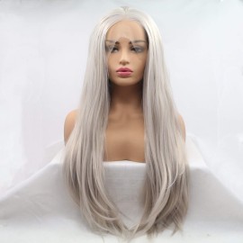 Xiweiya Wigs Long Silky Straight Wig Light Silver Gray Synthetic Lace Front Wig with Heat Resistant Fiber Middle Part for Women, Halloween Drag Queen Family Makeup Party Cosplay 24 Inch