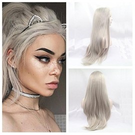 Xiweiya Wigs Long Silky Straight Wig Light Silver Gray Synthetic Lace Front Wig with Heat Resistant Fiber Middle Part for Women, Halloween Drag Queen Family Makeup Party Cosplay 24 Inch