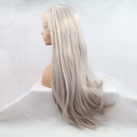Xiweiya Wigs Long Silky Straight Wig Light Silver Gray Synthetic Lace Front Wig with Heat Resistant Fiber Middle Part for Women, Halloween Drag Queen Family Makeup Party Cosplay 24 Inch
