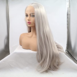 Xiweiya Wigs Long Silky Straight Wig Light Silver Gray Synthetic Lace Front Wig with Heat Resistant Fiber Middle Part for Women, Halloween Drag Queen Family Makeup Party Cosplay 24 Inch
