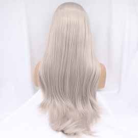 Xiweiya Wigs Long Silky Straight Wig Light Silver Gray Synthetic Lace Front Wig with Heat Resistant Fiber Middle Part for Women, Halloween Drag Queen Family Makeup Party Cosplay 24 Inch