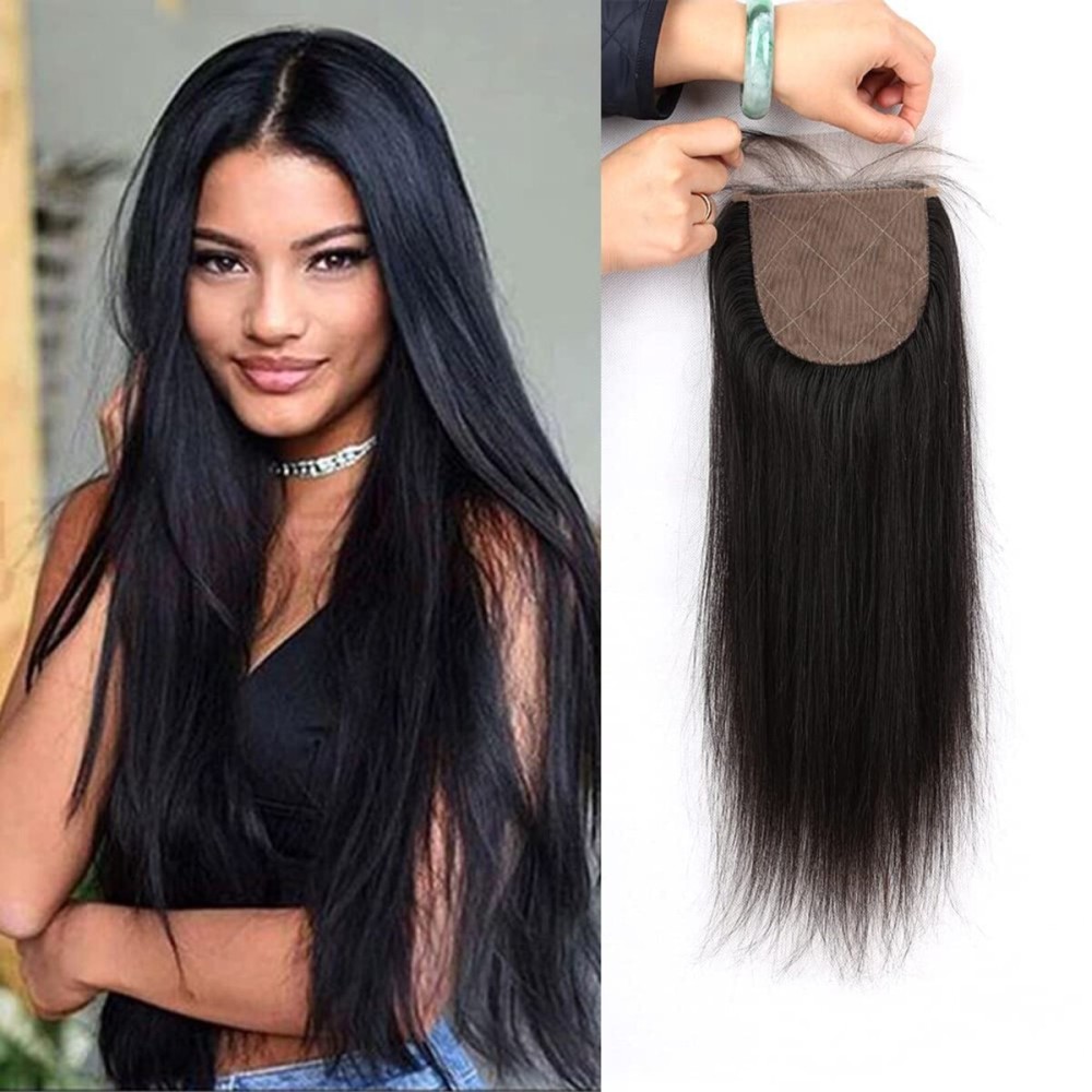 Greatremy 10A 4x4 Silk Base Lace Closure Straight Virgin Hair With Baby Hair Free Part Natural Color 14inch