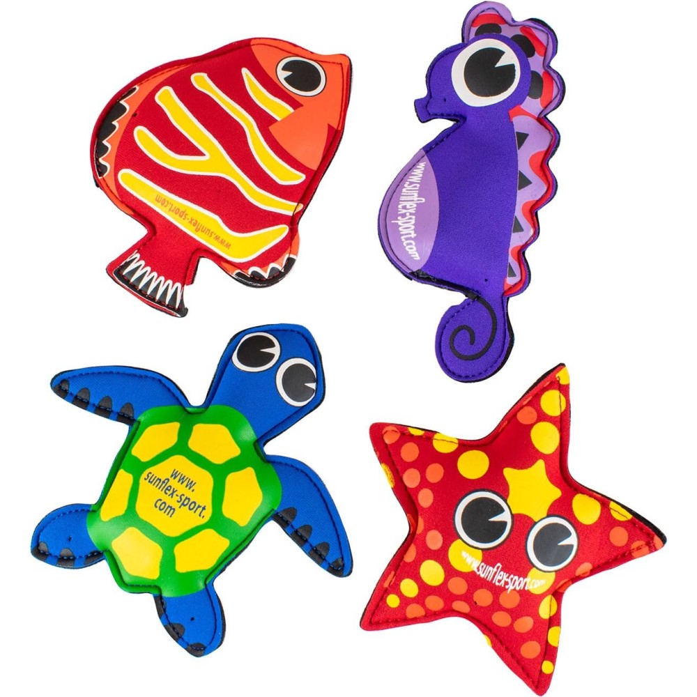 Sunflex Splash Puppies - Floating Neoprene Water Toy Set of Four That Includes 1 Starfish, 1 Turtle, 1 Fish, and 1 Seahorse - Waterproof and UV Resistant Pool Toy