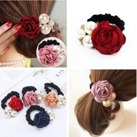 LOVEF 4Pcs Korean Fashion Pearl Hair Rope Rose Flower Rhinestone Hair Ties/ Jewelry Rubber Band