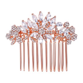 EVER FAITH Women\'s Austrian Crystal Wedding Flower Leaf Hair Side Comb Clear Rose Gold-Tone
