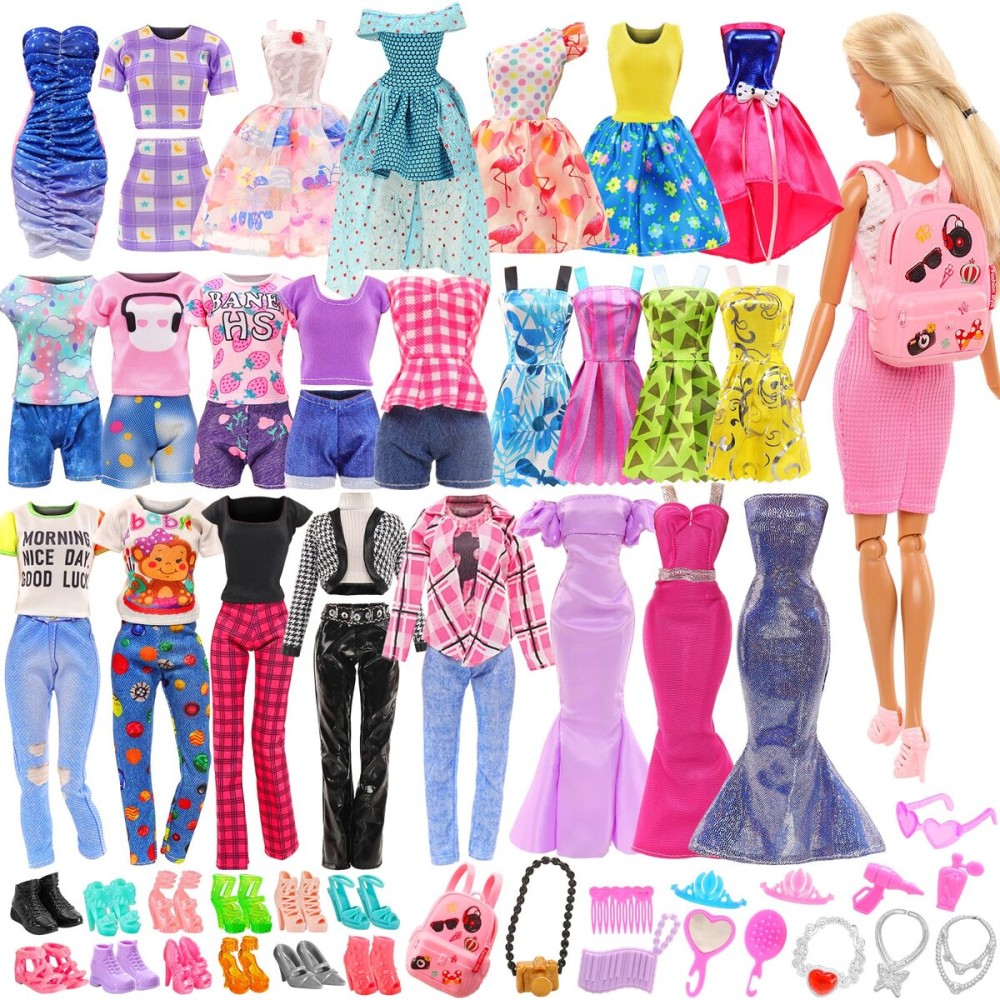BARWA Lot 36 Items 3 Fashion Dresses 3 Casual Tops and Pants Outfits 6 Pcs Mini Dresses with 1 Bags 10 Shoes, 13 Accessories for 11.5 Inch Girl Doll Birthday Xmas