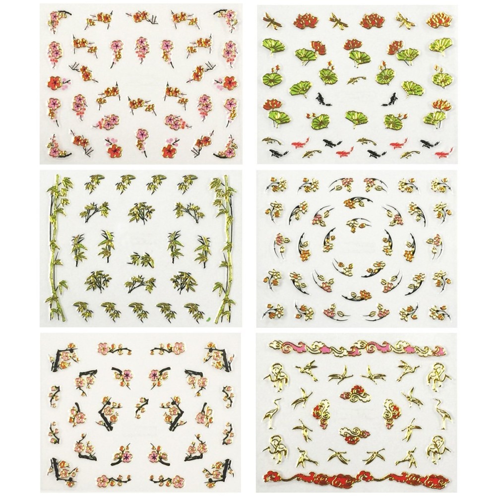 Asian Inspired Nail Art Self-Adhesive Stickers Nail Decals, Set of 6